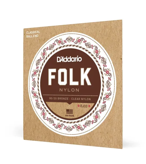 D'Addario EJ33 Folk Nylon, cuerdas para guitarra con extremo de bola, agudos de nailon transparente/bronce 80/20