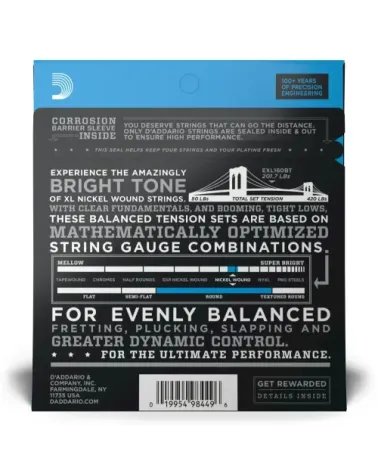 D'Addario EXL160BT, cuerdas con entorchado en níquel para bajo, tensión media equilibrada, 50-120