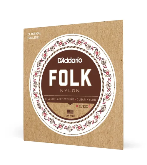 D'Addario EJ32C. Cuerdas para guitarra folk de nailon, extremo con bola, entorchado de plata/agudas de nailon transparente