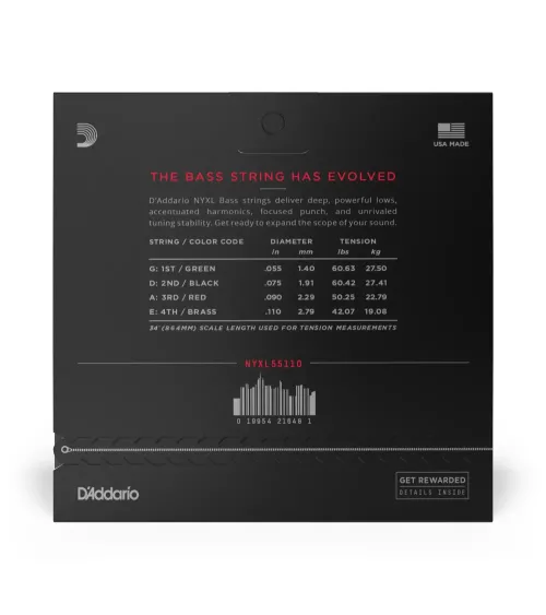 D'Addario NYXL55110 - Corde avvolte in nickel per basso, scalatura pesante, 55-110, scala lunga
