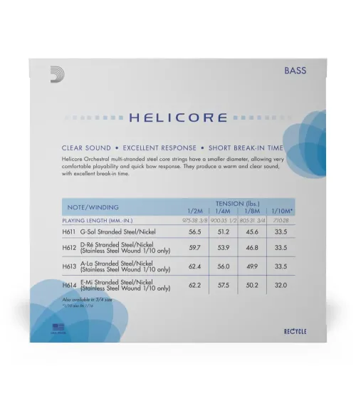 Juego de cuerdas Helicore para contrabajo, serie de orquesta de D'Addario, escala 1/8, tensión media.