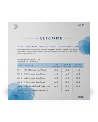 Juego de cuerdas Helicore para contrabajo, serie de orquesta de D'Addario, escala 3/4, tensión blanda.