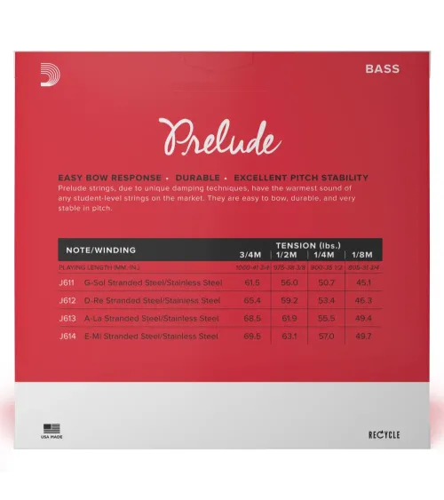 Juego de cuerdas para contrabajo Prelude de D'Addario, escala 1/2, tensión media.