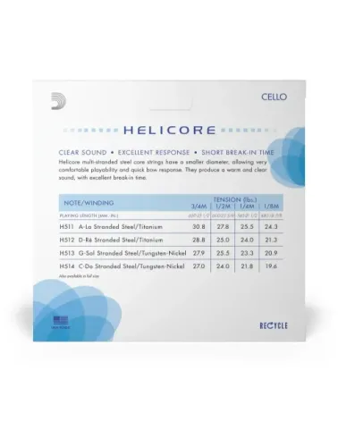 Juego de cuerdas para violonchelo Helicore de D'Addario, escala 1/2, tensión media.