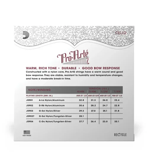 Juego de cuerdas para violonchelo Pro-Arte de D'Addario, escala 4/4, tensión media.