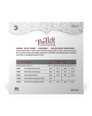 Juego de cuerdas para violonchelo Pro-Arte de D'Addario, escala 4/4, tensión media.