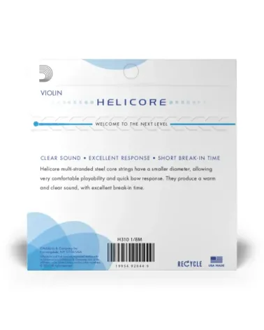 Juego de cuerdas para violín Helicore de D'Addario, escala 1/8, tensión media.
