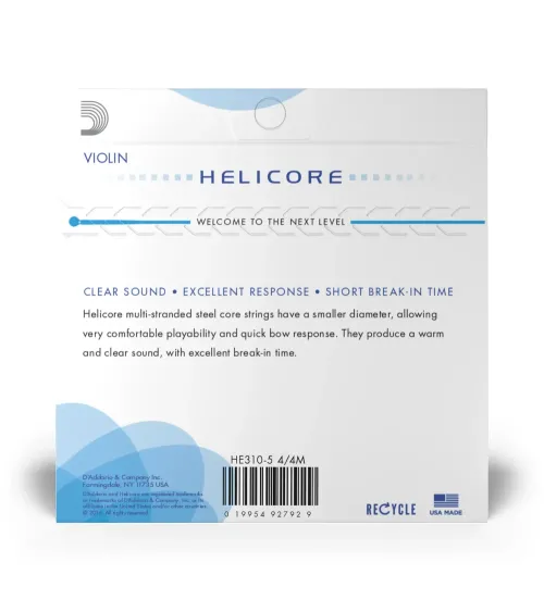 Juego de 5 cuerdas para violín Helicore de D'Addario, escala 4/4, tensión media.
