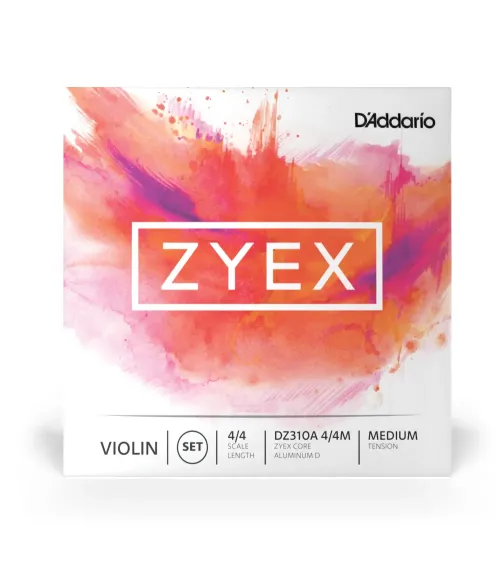 Juego de cuerdas para violín Zyex de D'Addario con Re de aluminio, escala 4/4, tensión media.