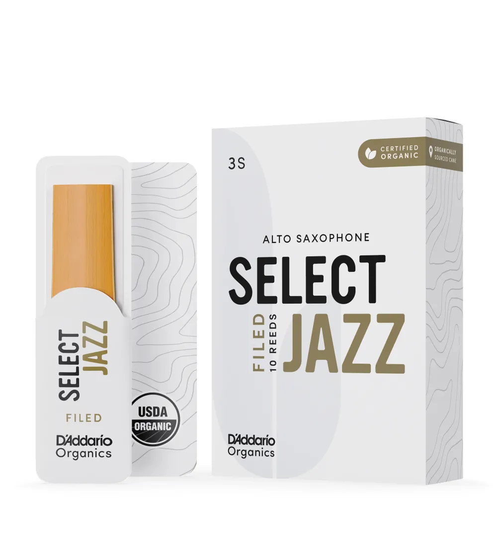 D'Addario Organic Select Jazz. Cañas limadas para saxofón alto, fuerza 3 blanda, pack de 10