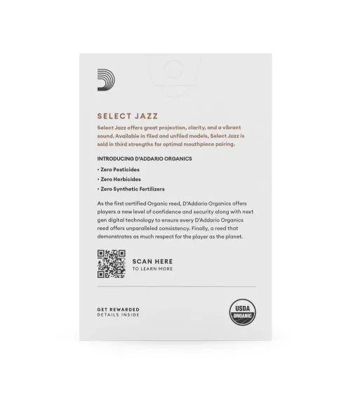 D'Addario Organic Select Jazz. Cañas sin limar para saxofón alto, fuerza 4 media, pack de 10 D'Addario Organic Select Jazz. Cañas sin limar para saxofón alto, fuerza 4 media, pack de 10