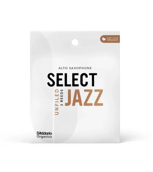 D'Addario Organic Select Jazz. Cañas sin limar para saxofón alto, fuerza 2 media, envase individual, pack de 3
