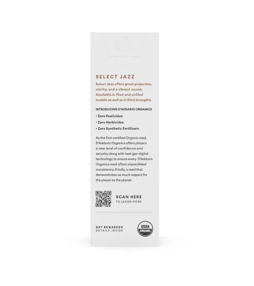 D'Addario Organic Select Jazz. Cañas sin limar para saxofón barítono, fuerza 2 blanda, pack de 5