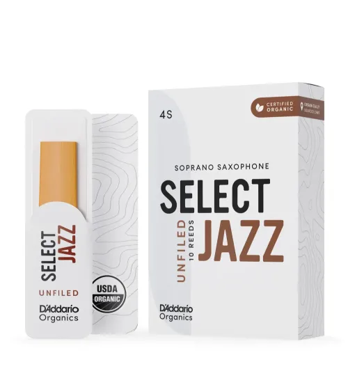 D'Addario Organic Select Jazz. Cañas sin limar para saxofón soprano, fuerza 4 blanda, pack de 10
