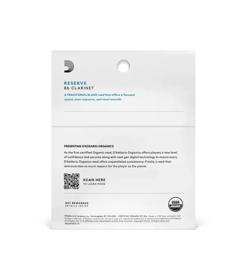 D'Addario Organic Reserve. Cañas para clarinete en Bb, fuerza 3.5, envase individual, pack de 3