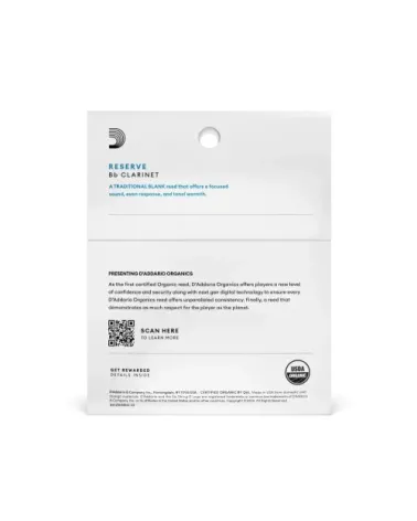 D'Addario Organic Reserve. Cañas para clarinete en Bb, fuerza 3.5, envase individual, pack de 3
