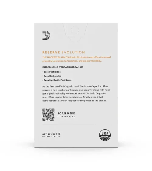 D'Addario Organic Reserve Evolution. Cañas para clarinete en Bb, fuerza 2.5, pack de 10