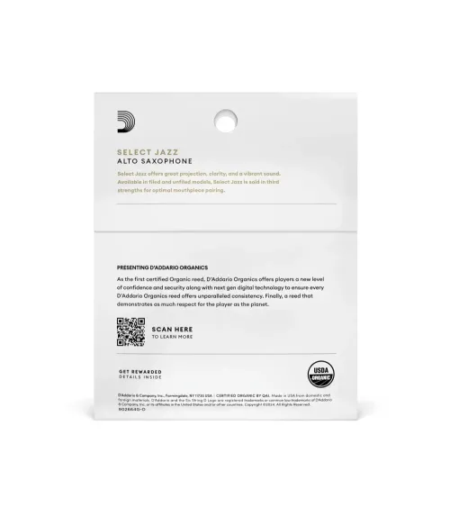 D'Addario Organic Select Jazz. Cañas limadas para saxofón alto, fuerza 3 blanda, envase individual, pack de 3