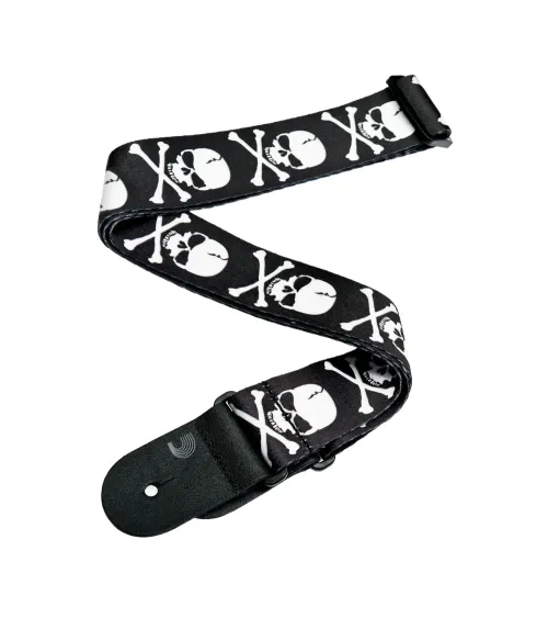 Correa de tela D'Addario para guitarra, modelo Calavera con huesos cruzados.