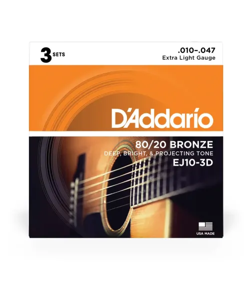 D'Addario EJ10-3D. Cuerdas para guitarra acústica de bronce, calibre extra fino, 10-47, 3 juegos