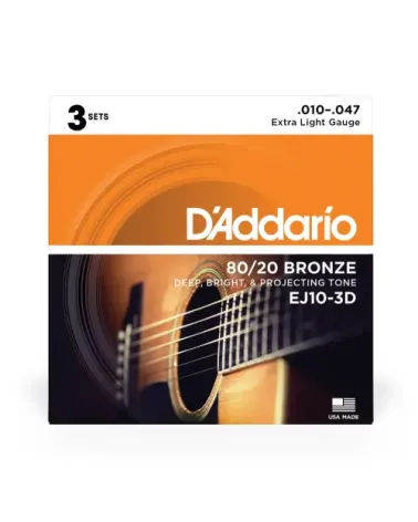 D'Addario EJ10-3D. Cuerdas para guitarra acústica de bronce, calibre extra fino, 10-47, 3 juegos