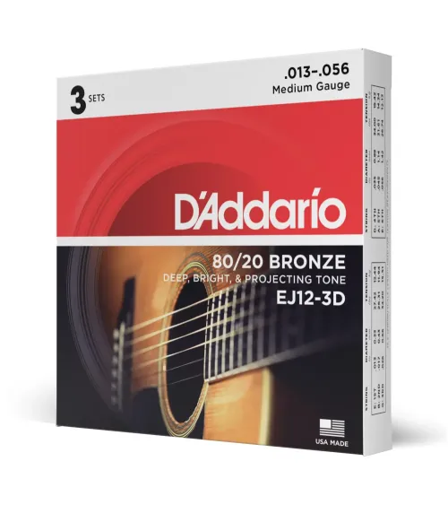 D'Addario EJ12-3D. Cuerdas para guitarra acústica de bronce 80/12, calibre medio, 13-56, 3 juegos