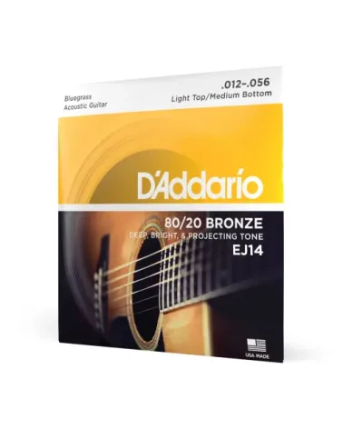 D'Addario EJ14, cuerdas para guitarra acústica, bronce 80/20, superiores blandas/inferiores de tensión media/Bluegrass, 12-56