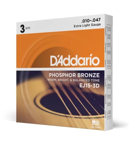 D'Addario EJ15-3D, cuerdas de bronce fosforado para guitarra acústica, extra blandas, 3 juegos