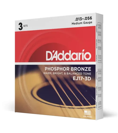 D'Addario EJ17-3D, cuerdas de bronce fosforado para guitarra acústica, tensión media, 13-56, 3 juegos
