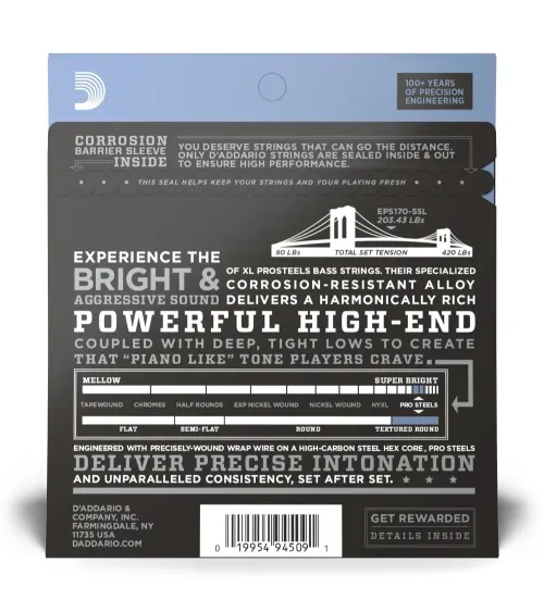 D'Addario EPS170-5SL ProSteels, cuerdas para bajo de 5 cuerdas, blandas, 45-130, escala extra larga
