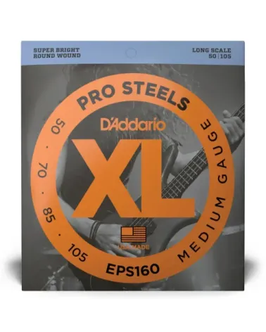 D'Addario EPS160 ProSteels, cuerdas para bajo, tensión media, 50-105, escala larga