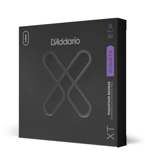 Cuerdas D'Addario para guitarra acústica recubiertas XT Phosphor Bronze, calibre custom fino, 11-52. Pack de 3