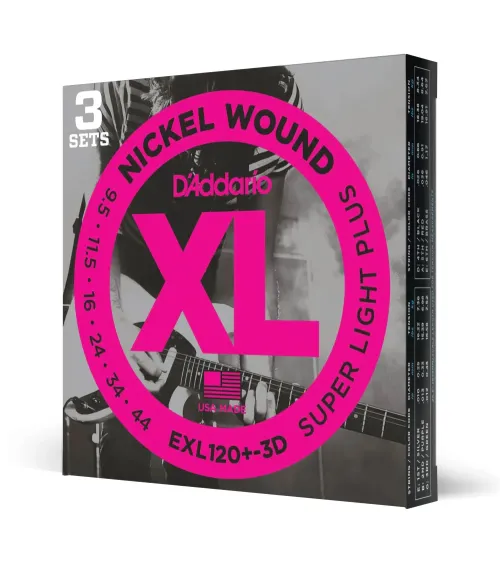 D'Addario EXL120+-3D. Cuerdas para guitarra eléctrica de entorchado de níquel, calibre superfino plus, 9,5-44, 3 juegos