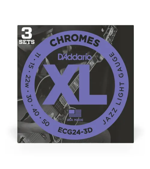 D'Addario ECG24-3D Chromes. Cuerdas para guitarra eléctrica de entorchado plano, calibre jazz fino, 11-50, 3 juegos