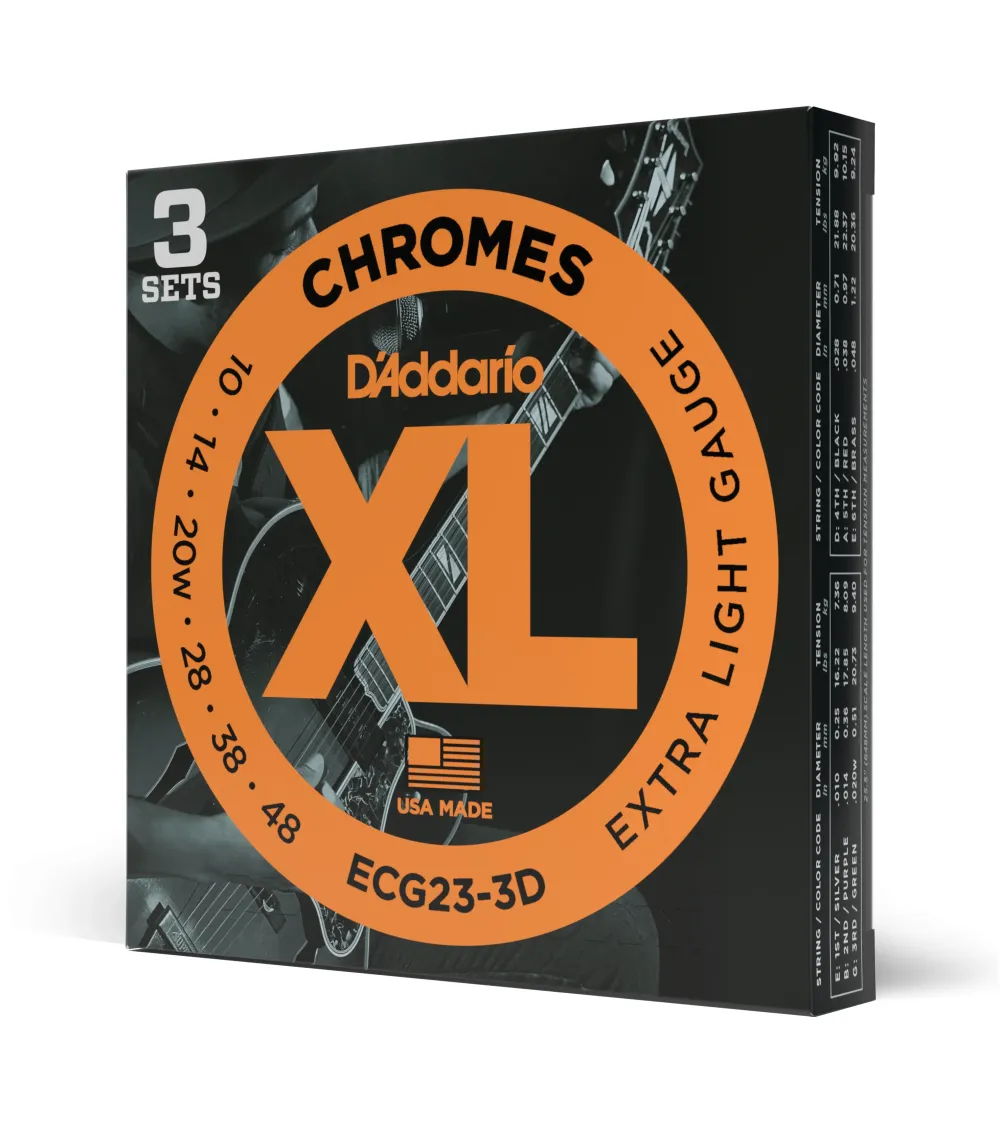 D'Addario ECG23 Chromes. Cuerdas para guitarra eléctrica de entorchado plano, calibre extrafino, 10-48. 3 juegos